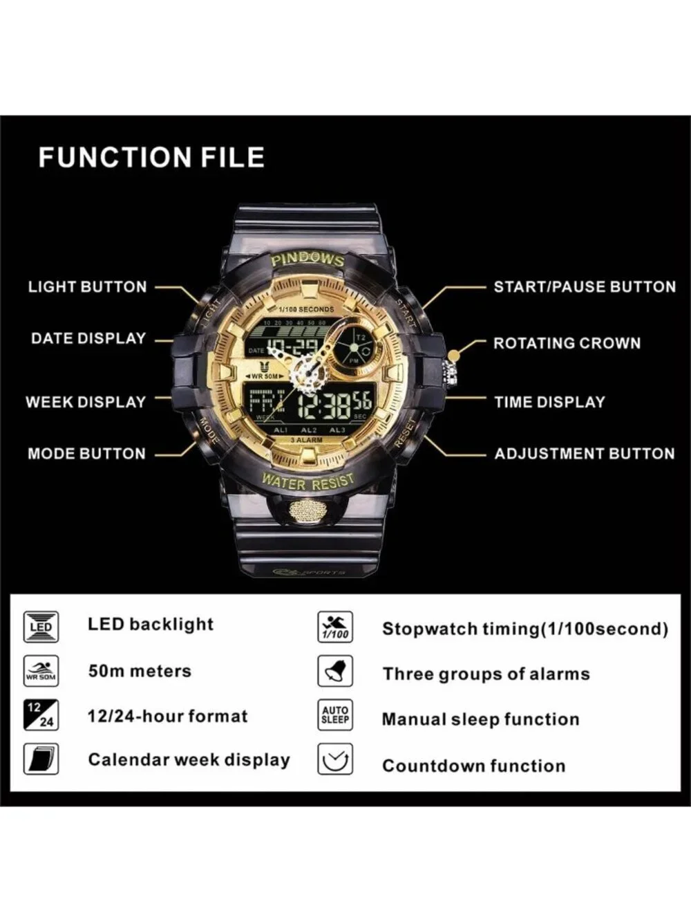 Men's Black Analog Quartz Digital Sports LED Waterproof Countdown Wrist Watch